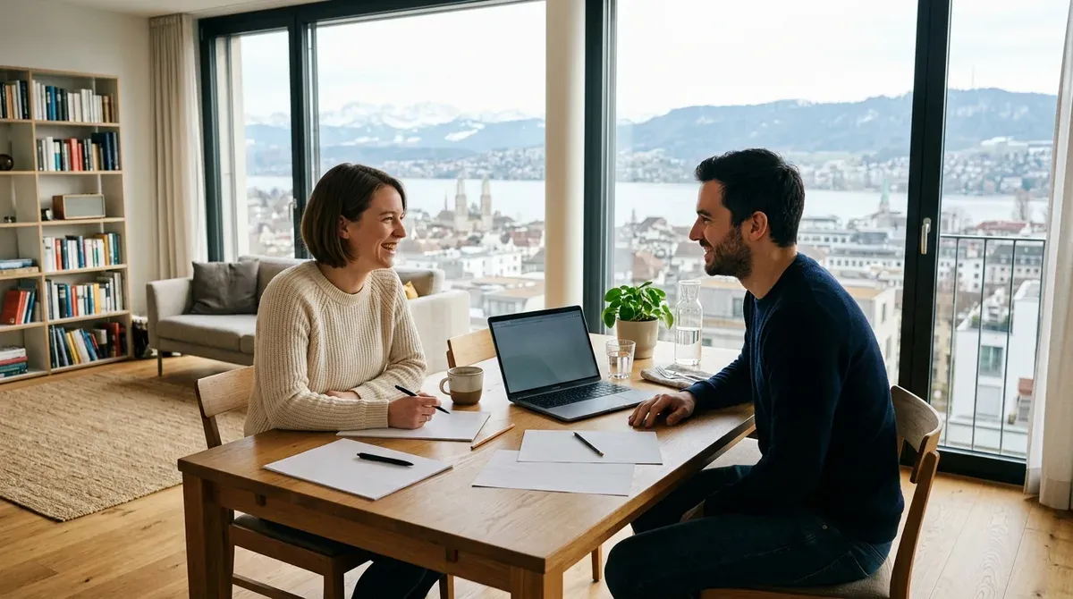 Un jeune couple examine son plan d'épargne retraite sur un ordinateur portable dans son salon