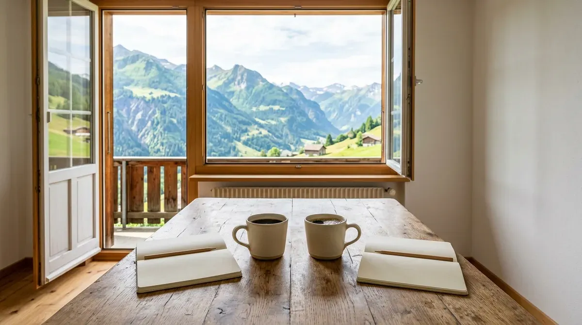 Deux tasses de café et des carnets posés sur une table en bois devant une fenêtre ouverte sur les montagnes