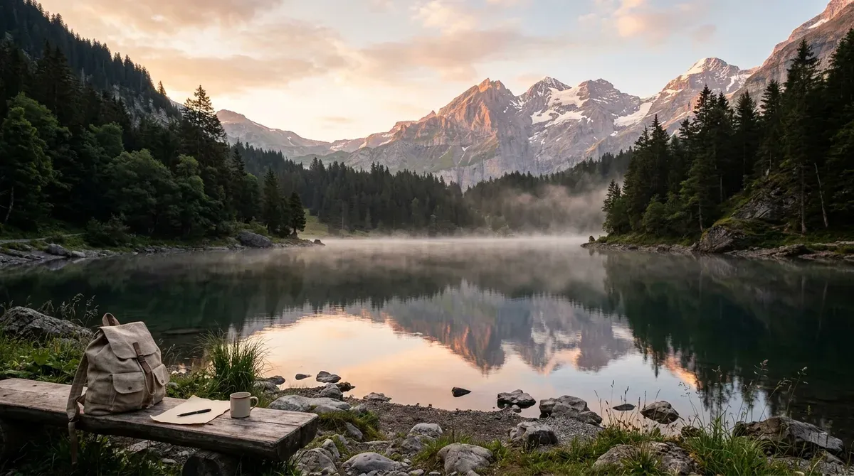 Lac de montagne suisse au petit matin avec une brume légère sur l'eau et des sommets en arrière-plan