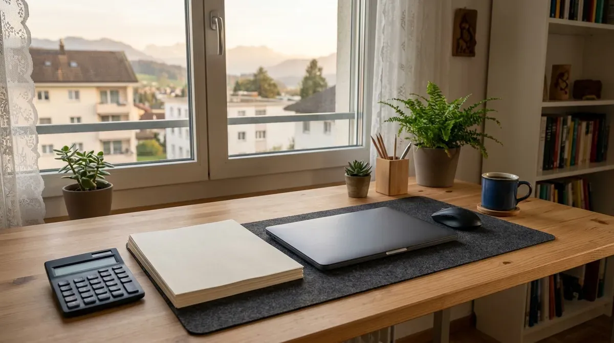 Papiers et calculatrice posés sur une table de travail dans un intérieur suisse en fin de journée