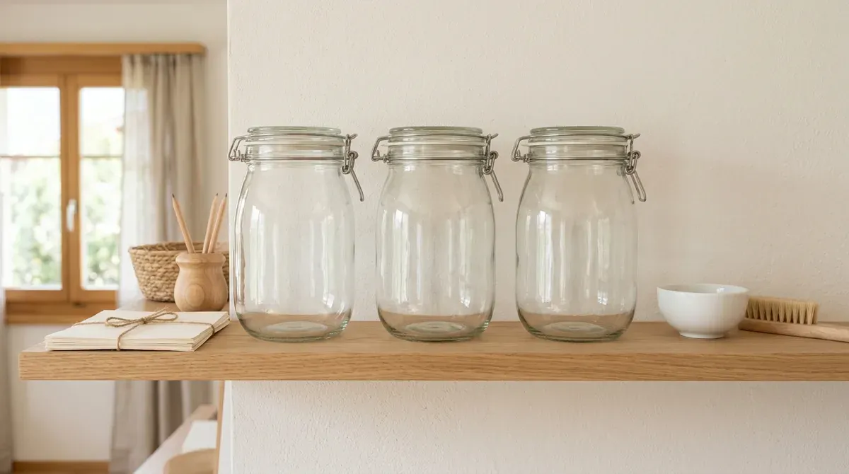 Trois bocaux en verre vides alignés sur une étagère en bois clair dans un intérieur suisse lumineux