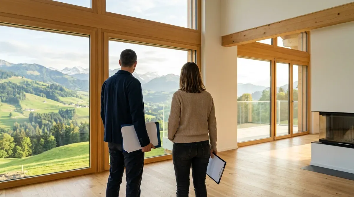 Couple vu de dos dans le salon vide de sa future maison, dossier de documents à la main