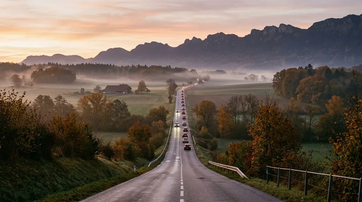 File de voitures de frontaliers au petit matin sur une route entre la France et la Suisse, avec le Jura en arrière-plan