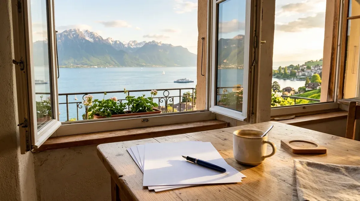 Table de travail près d'une fenêtre ouverte sur le lac Léman et les montagnes en fin de journée