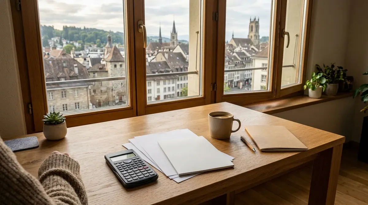 Calculatrice et documents posés sur un bureau devant une fenêtre donnant sur une ville suisse