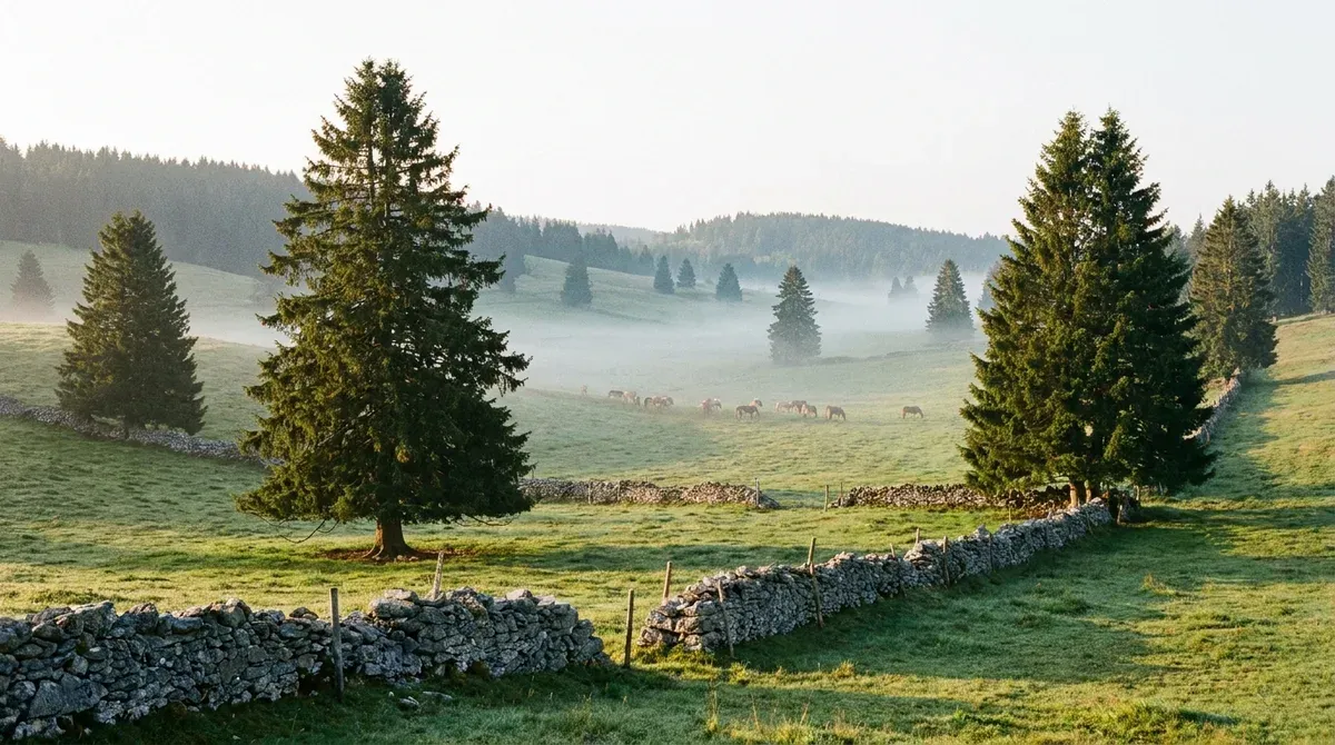 Pâturages boisés des Franches-Montagnes au petit matin, sapins isolés, murets de pierres sèches et chevaux dans la brume