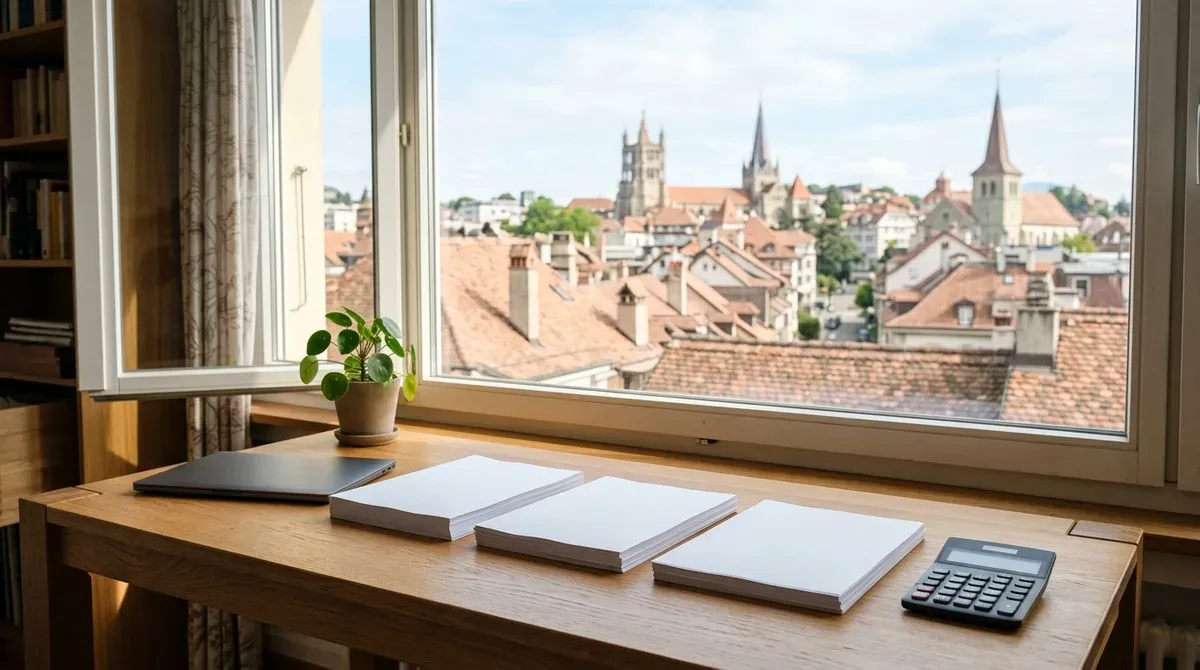 Trois piles de documents alignées sur un bureau en bois devant une fenêtre donnant sur une ville suisse
