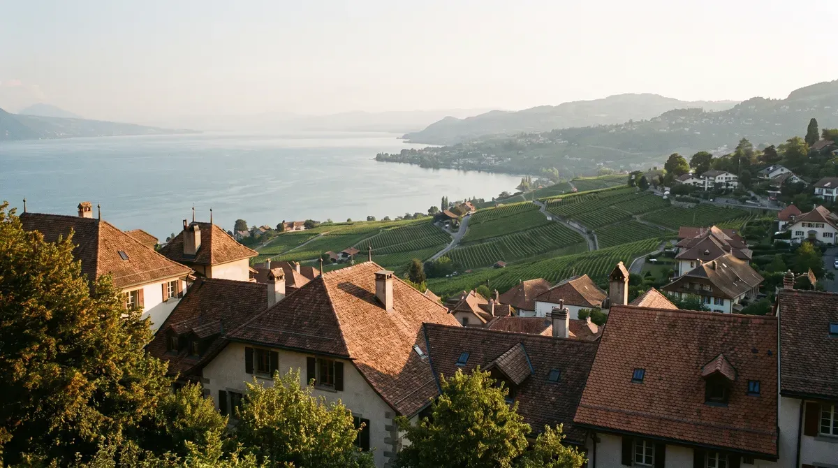 Vue d'un quartier résidentiel du canton de Vaud avec le lac Léman en arrière-plan